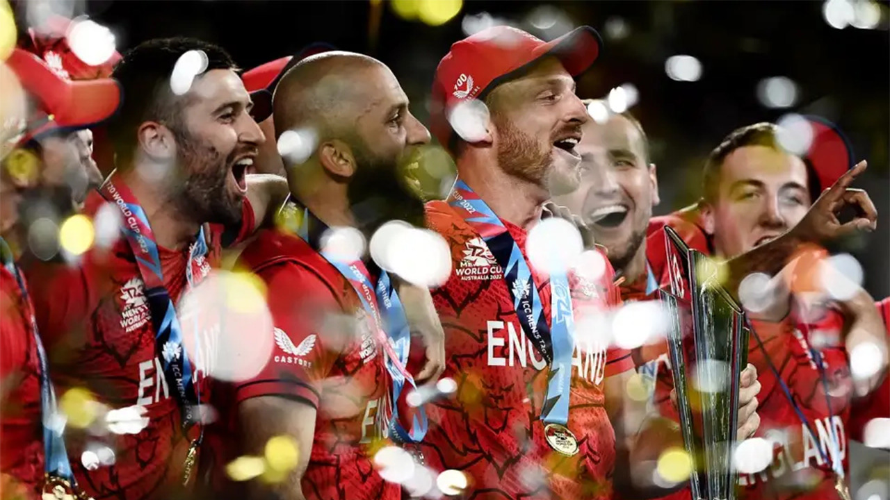 The England Players Celebrate With The Trophy