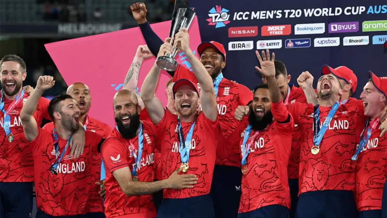 Jos Buttler Holds Aloft The Trophy After England's Dominant Performance In The Title Round