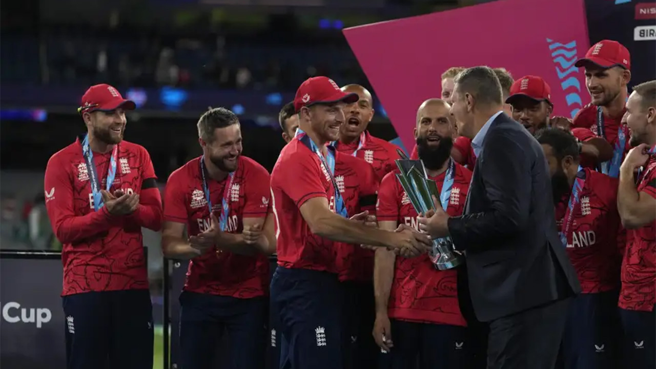 Jos Buttler Receives The World Cup Trophy