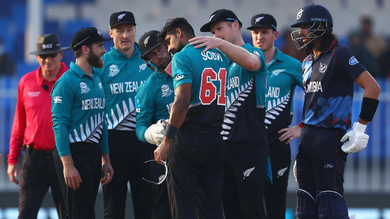 Ish Sodhi Is Congratulated After Getting The Wicket Of Gerhard Erasmus