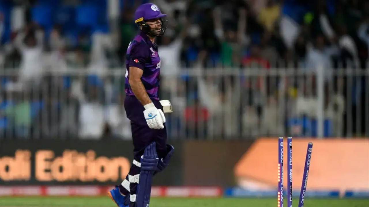 A dejected Kyle Coetzer looks back at his shattered stumps