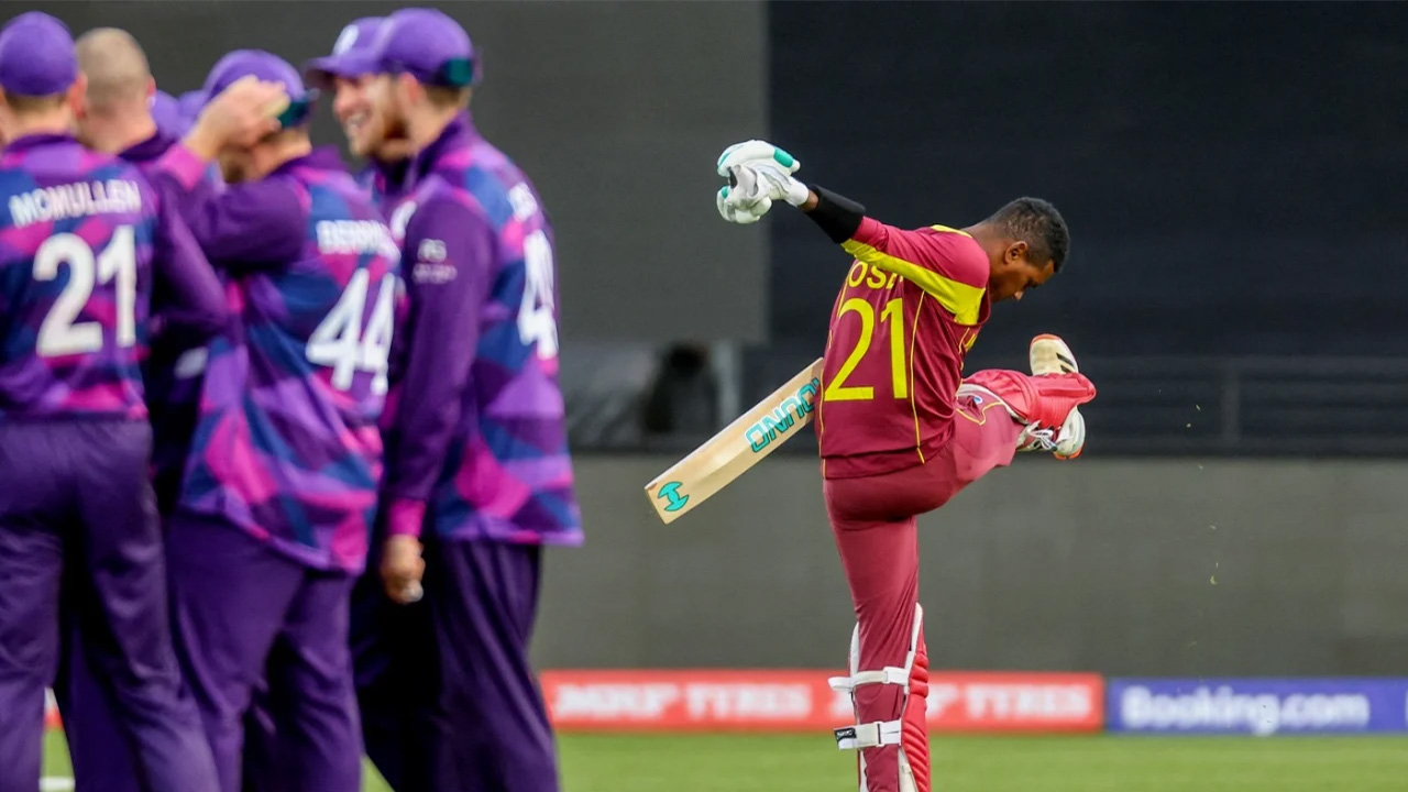 Akeal Hosein reacts after getting dismissed
