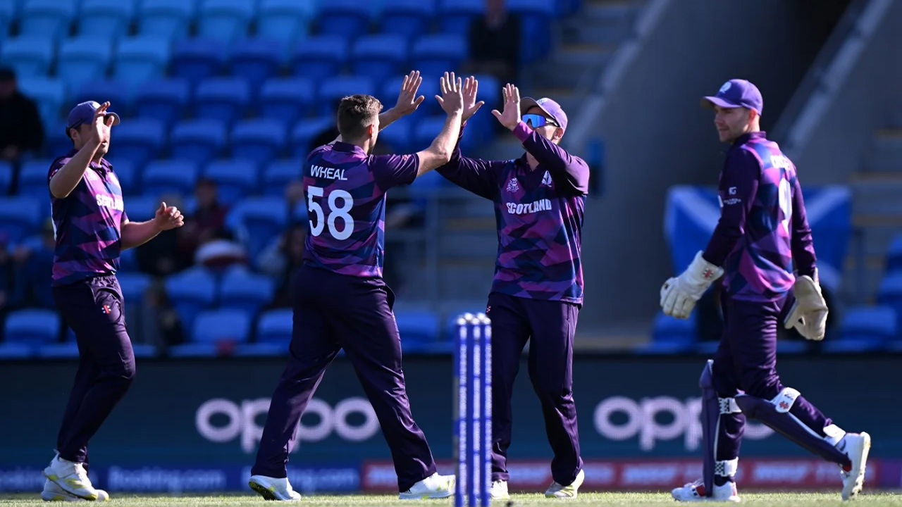 Brad Wheal celebrates the dismissal of Andy Balbirnie