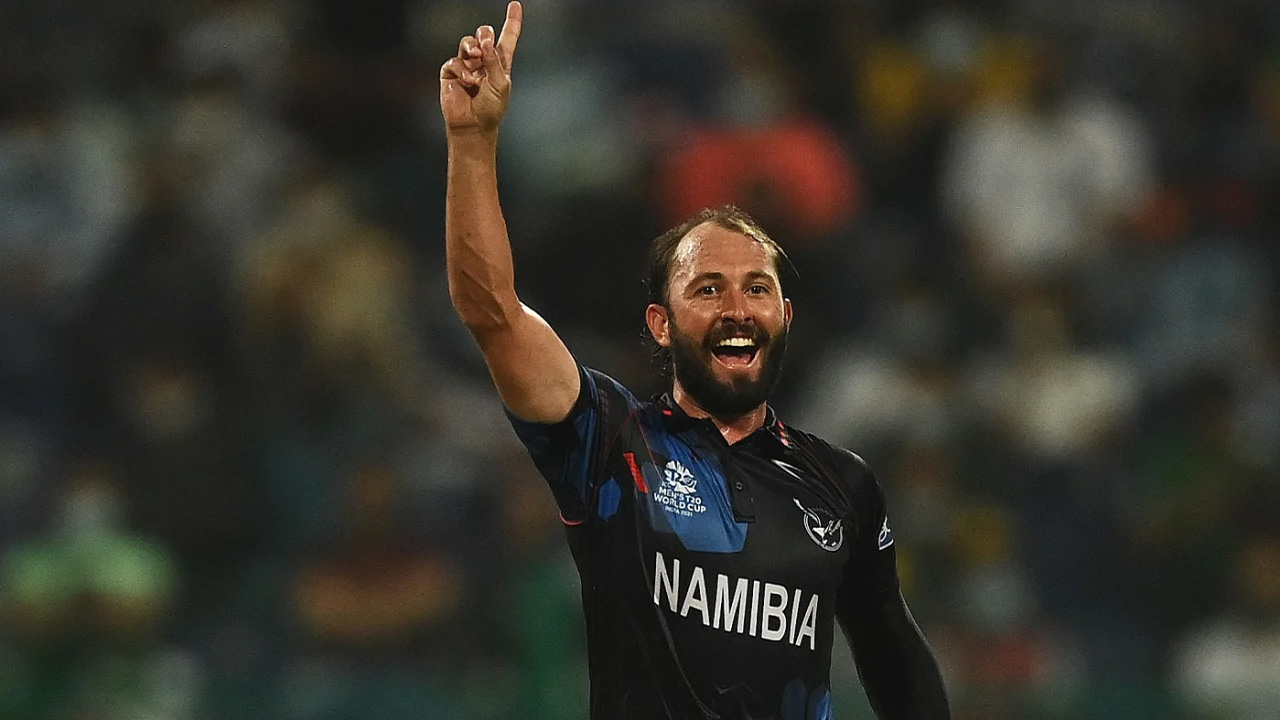 Jan Frylinck celebrates a wicket