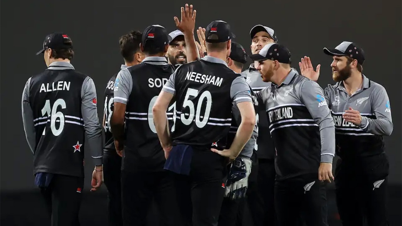 New Zealand's players celebrate after Babar Azam's dismissal