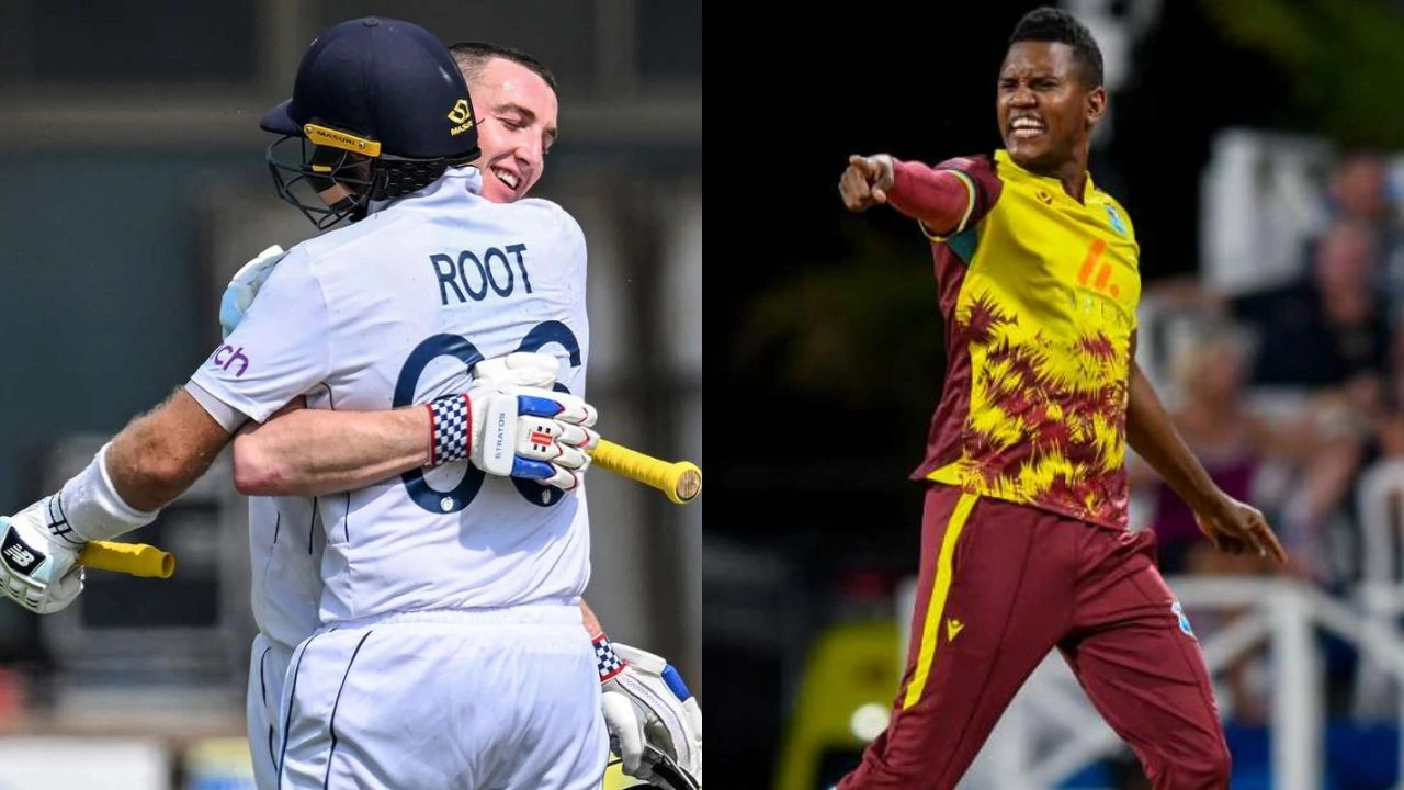 Akeal Hosein And Joe Root And Harry Brook