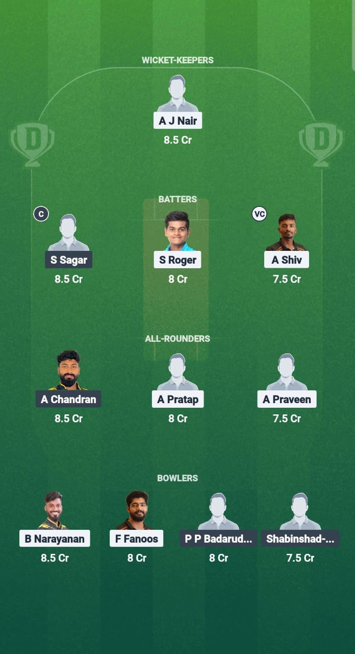 TVR vs KAG Dream11 Prediction Fantasy Cricket Tips Dream11 Team Kerala T20 Men's Challenger Trophy 2025 