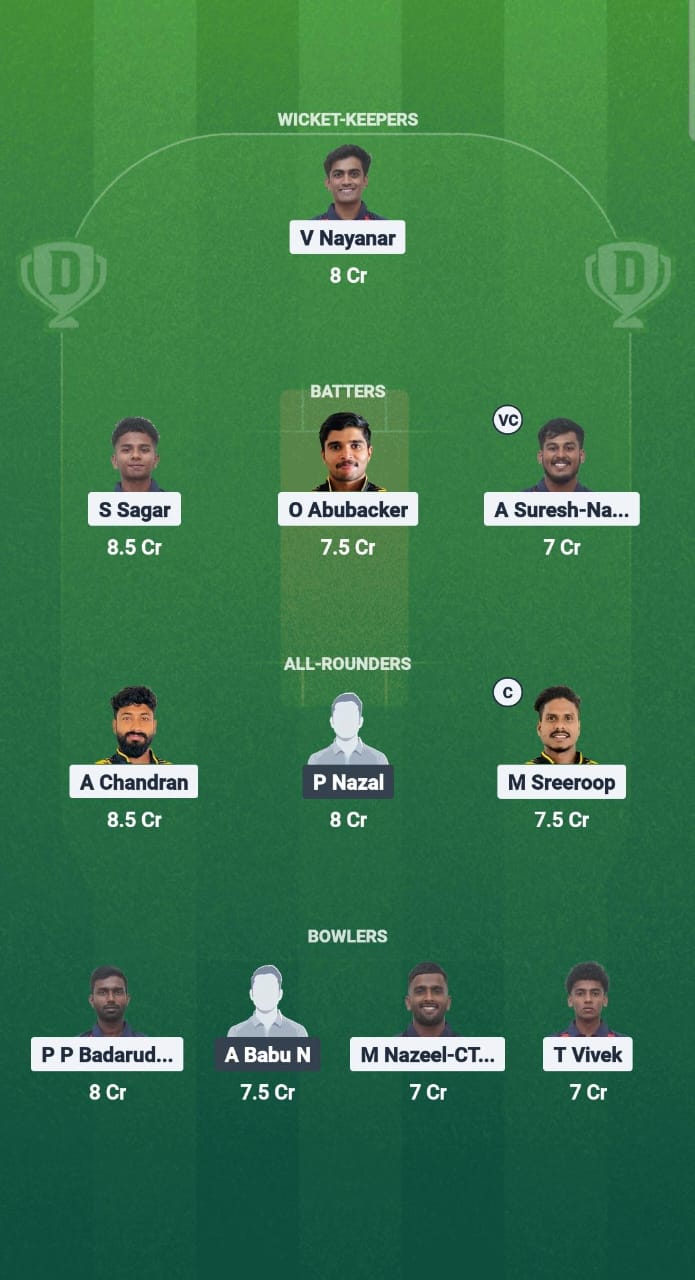 KAN vs KOD Dream11 Prediction Fantasy Cricket Tips Dream11 Team Kerala T20 Men's Challenger Trophy 2025 