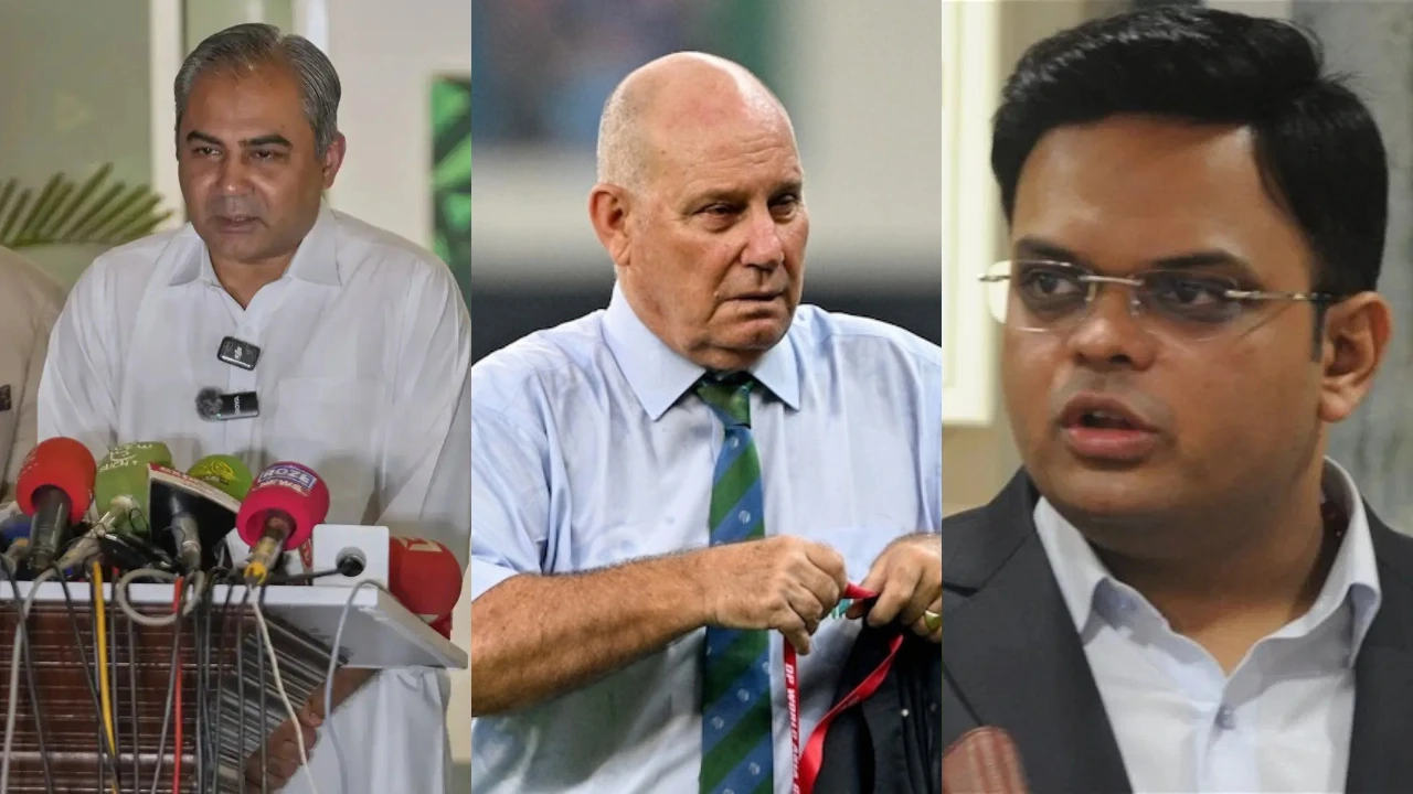 Pakistan Cricket Board chief Mohsin Naqvi, Andy Pycroft and ICC chief Jay Shah