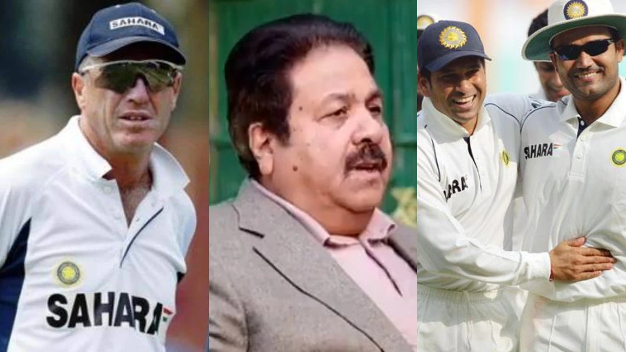 John Wright, Rajeev Shukla, Sachin Tendulkar and Virender Sehwag