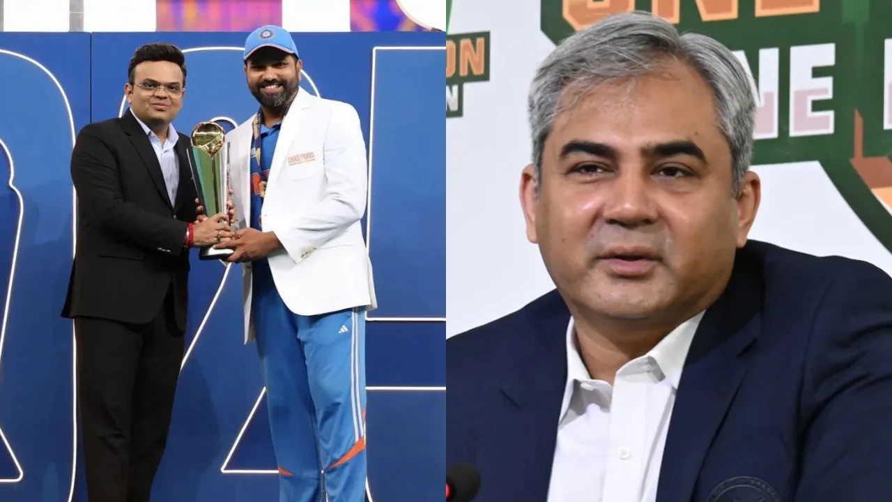 Pakistan, Champions Trophy 2025, PCB, ICC Chairman Jay Shah Handing The Champions Trophy To Rohit Sharma, PCB chief Mohsin Naqvi