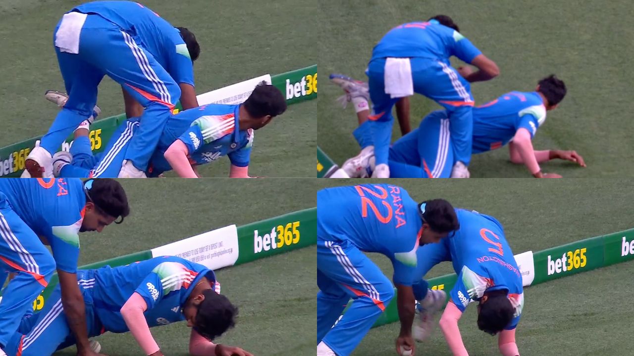 Washington Sundar, Harshit Rana share an intimate moment to find the ball