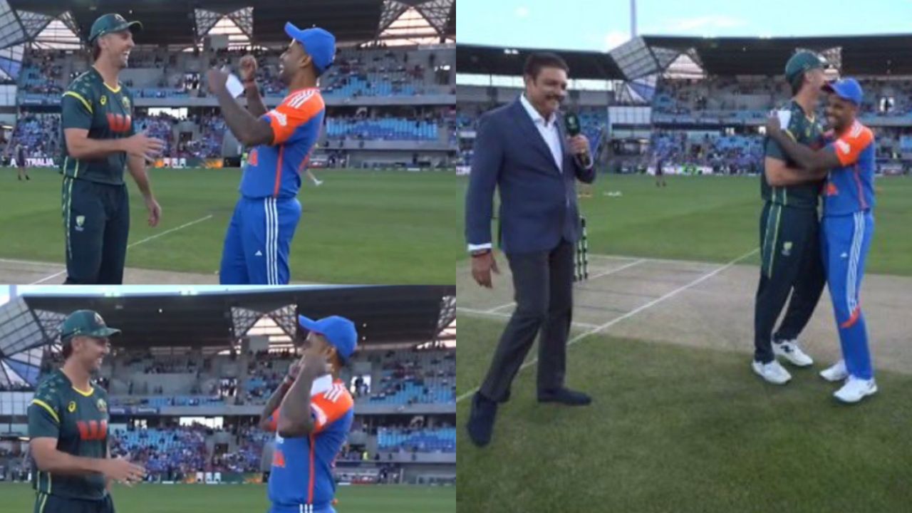 Suryakumar Yadav celebrates in Mitchell Marshs face after winning the toss