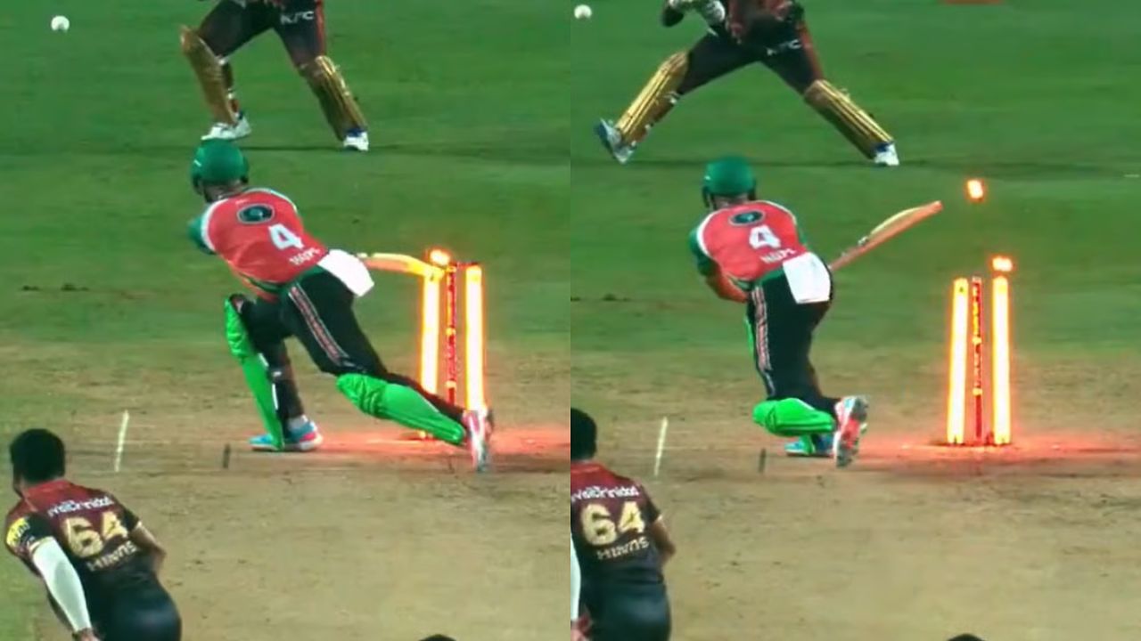 Awkward scenes in CPL 2025: Guyana batter Shai Hope hits his stumps on a wide ball