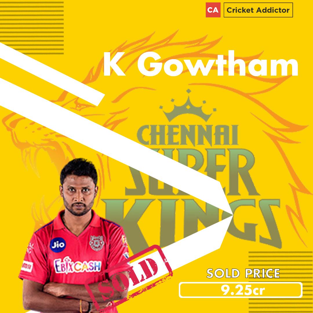IPL 2021 Auction: K Gowtham Sold To Chennai Super Kings For INR 9.25 Crores