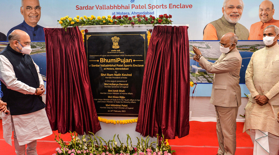 President Ram Nath Kovind and Union Home Minister Amit Shah during the Bhumi Pujan of Sardar Vallabhbhai Patel Sports Enclave at Motera Stadium in Ahmedabad on Wednesday.