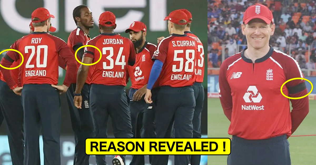 England players wearing black armbands in the 1st T20I against India in Ahmedabad