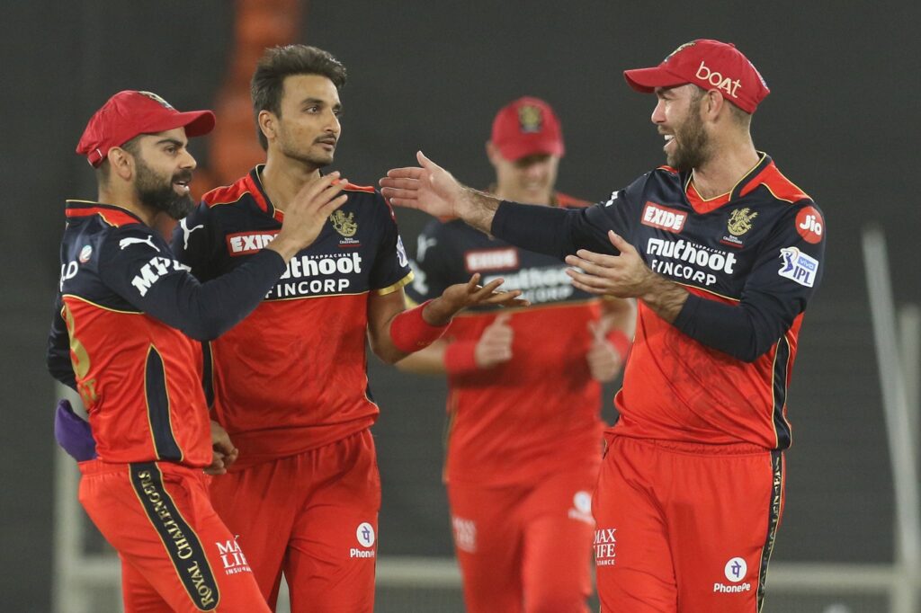 Harshal Patel of Royal Challengers Bangalore celebrates the wicket of Prithvi Shaw 