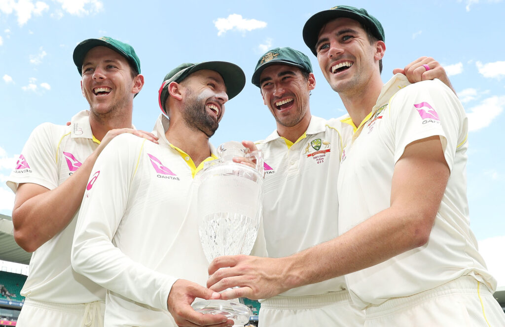 Australian bowlers Nathan Lyon, Mitchell Starc, Pat Cummins and Josh Hazlewood (Photo by Mark Metcalfe - CA/Cricket Australia/Getty Images)