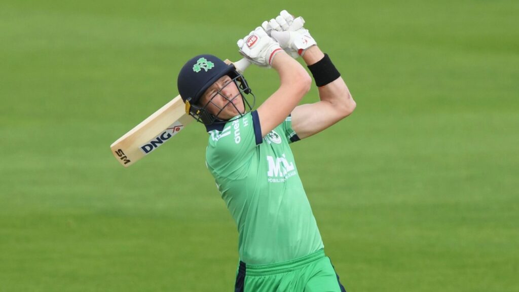 SOUTHAMPTON, ENGLAND - JULY 26: Harry Tector of Ireland hit a six from the bowling of Brydon Carse of England Lions during the Warm Up match between England Lions and Ireland at the Ageas Bowl on July 26, 2020 in Southampton, England. (Photo by Stu Forster/Getty Images for ECB)