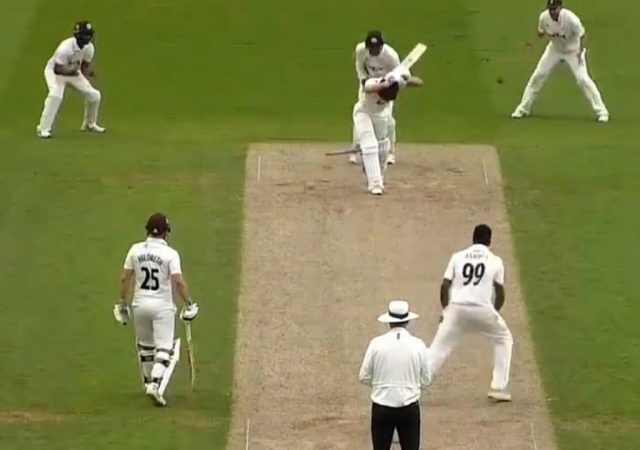 Surrey's Ravichandran Ashwin clean bowls Tom Lammonby of Somerset (Photo-Twitter)