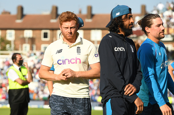 LONDON, ENGLAND - SEPTEMBER 06: Jonny Bairstow, Haseeb Hameed and Rory Burns of England on the field after India won the 4th LV= Test Match between England and India at The Kia Oval on September 06, 2021 in London, England. (Photo by Philip Brown/Popperfoto/Popperfoto via Getty Images)