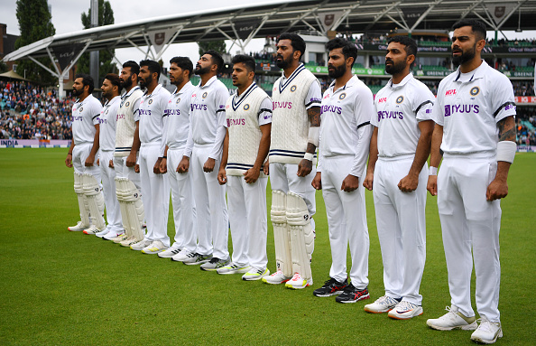 LONDON, ENGLAND - SEPTEMBER 02: India stand for the national anthems ahead of day one of the Fourth LV= Insurance Test Match between England and India at The Kia Oval on September 02, 2021 in London, England. (Photo by Gareth Copley/Getty Images)