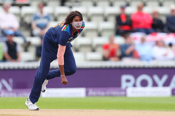 WORCESTER, ENGLAND - JULY 03: Jhulan Goswami of India Women bowls during the Women's Third One Day International (ODI) match between England and India at New Road on July 03, 2021 in Worcester, England (Photo by Ashley Allen - ECB/ECB via Getty Images)