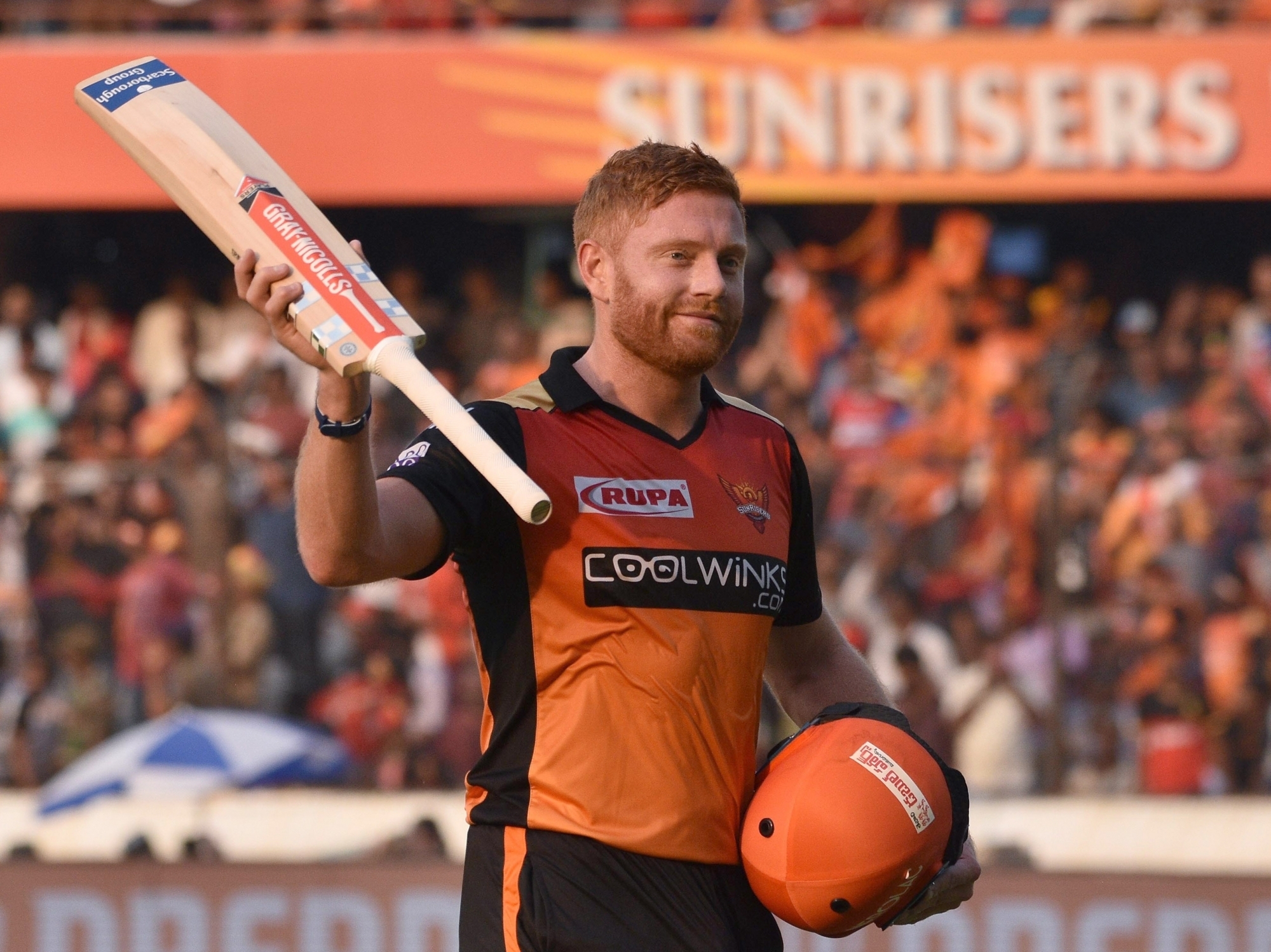 Hyderabad: Hyderabad: Sunrisers Hyderabad's Jonny Bairstow celebrates his century during the 11th IPL 2019 match between Sunrisers Hyderabad and Royal Challengers Bangalore at Rajiv Gandhi International Stadium in Hyderabad on March 31, 2019. (Photo: IANS)