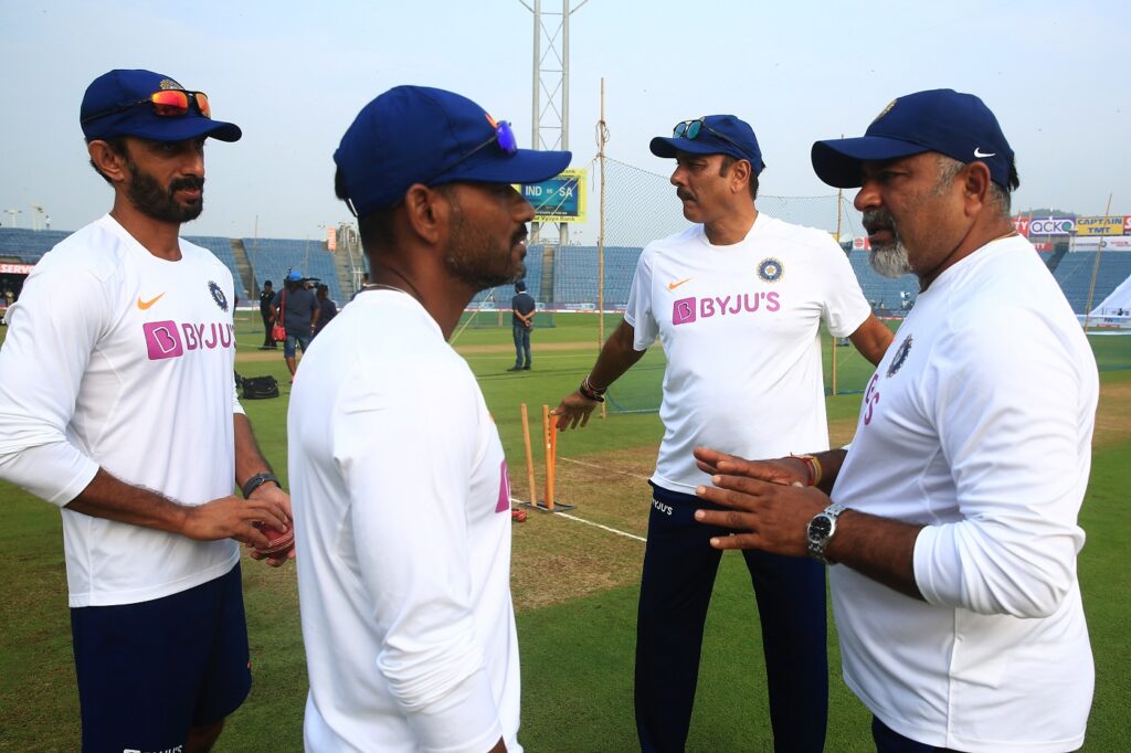 Ravi Shastri coach of Indian, Ramakrishnan Sridhar fielding coach of India, Bharat Arun Bowling coach of India, Vikram Rathour India cricket batting coach during day 1 of the second test match between India and South Africa which s is held at Maharashtra Cricket Association Stadium in Pune, India on October 10, 2019 Photo by Arjun Singh / SPORTZPICS for BCCI