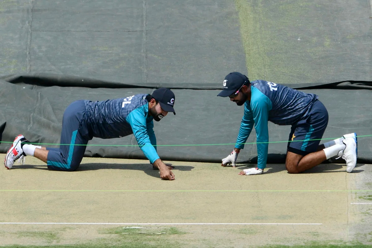 Babar Azam and Mohammad Rizwan inspect the Karachi surface. Photo- Asif Hassan-AFP-Getty