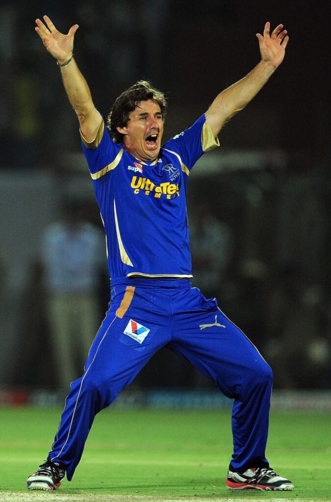 Rajasthan Royals cricketer Brad Hogg appeals during the IPL Twenty20 cricket match between Rajasthan Royals and Royal Challengers Bangalore at the Sawai Mansingh stadium in Jaipur on April 23, 2012. RESTRICTED TO EDITORIAL USE. MOBILE USE WITHIN NEWS PACKAGE AFP PHOTO/ MANAN VATSYAYANA (Photo credit should read MANAN VATSYAYANA/AFP/Getty Images)