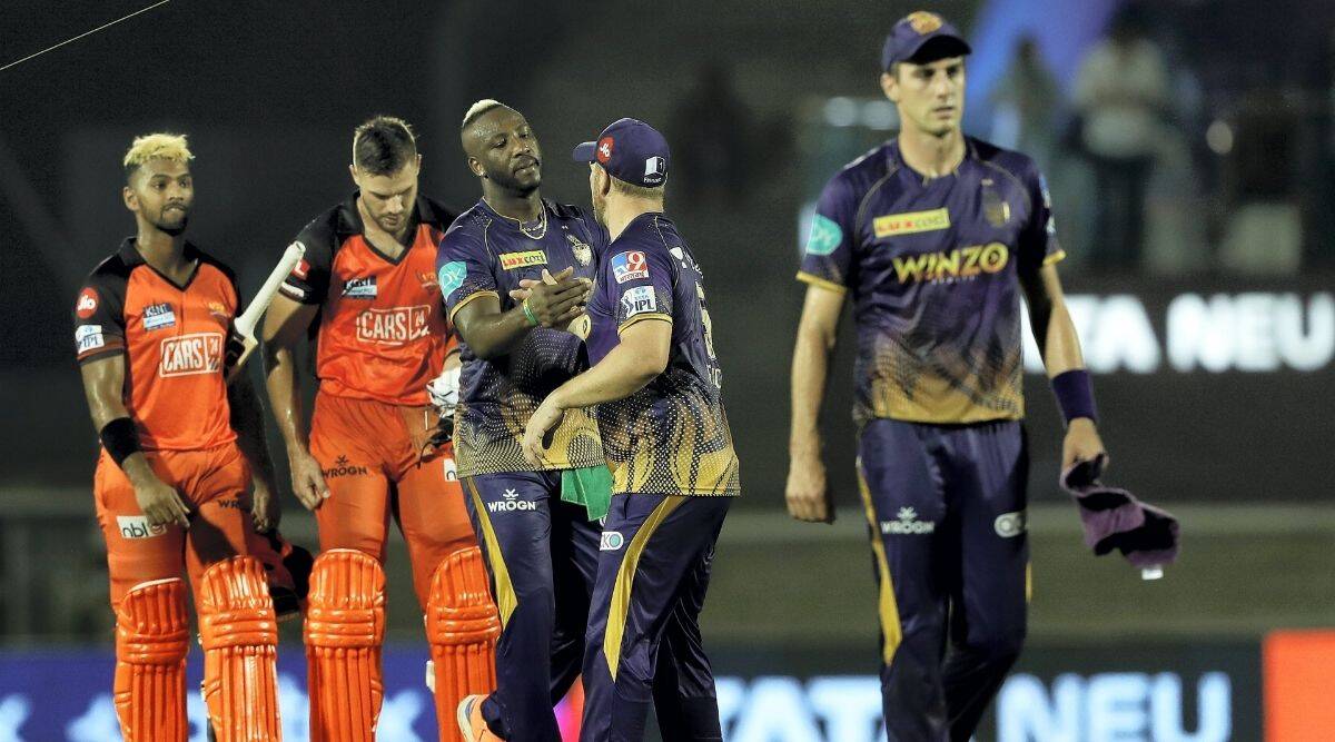 Players exchange greetings after Sunrisers Hyderabad won in the Indian Premier League 2022 match against Kolkata Knight Riders, at the Brabourne Stadium, in Mumbai. (Sportzpics/PTI Photo)
