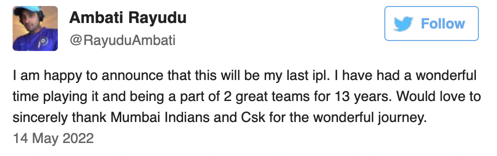 Ambati Rayudu's Retirement Tweet