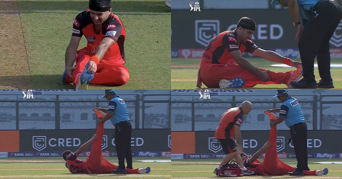 SRH vs RCB: Watch - Umpire Nitin Pandit Helps SRH Bowler Fazalhaq Farooqi After He Pulls Up His Calf Muscle In Follow Through