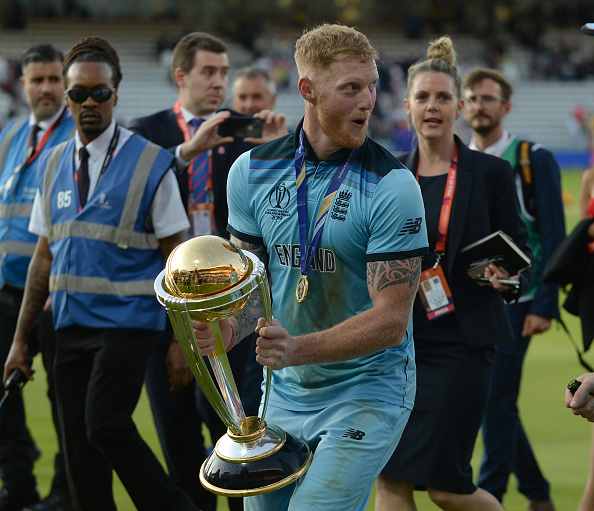 LONDON, ENGLAND - JULY 14 : Ben Stokes of England with the trophy after the ICC Cricket World Cup Final between New Zealand and England at Lord's on July 14, 2019 in London, England. (Photo by Philip Brown/Popperfoto via Getty Images)