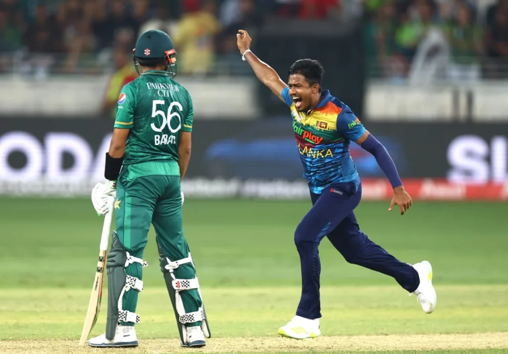 Pramod Madhushan Celebrates Dismissal Of Babar Azam (Image Credits: Getty Images)