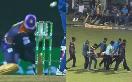 Pakistan legend Moin Khan's son Azam was stretchered from the field after taking a brutal blow to the head.