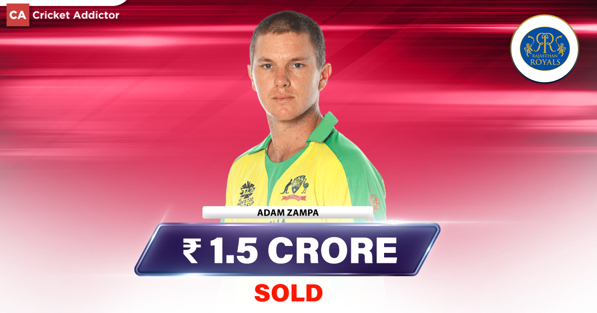 IPL Auction 2023- Adam Zampa Bought By Rajasthan Royals (RR) For 1.50 Crores