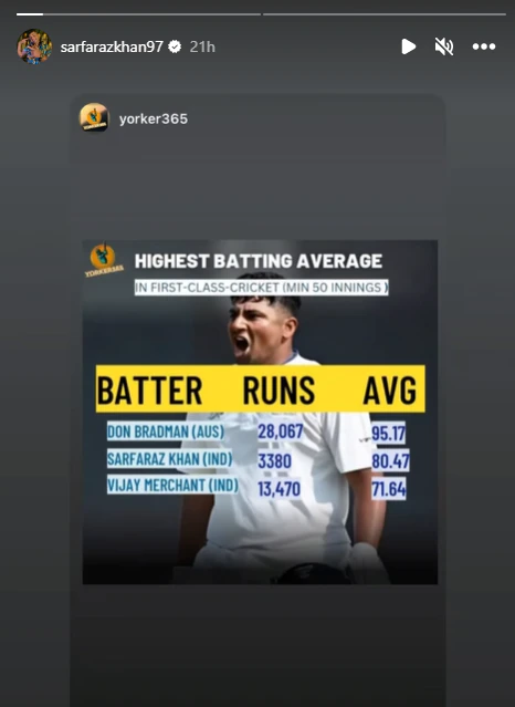 Sarfaraz Khan's Instagram story.