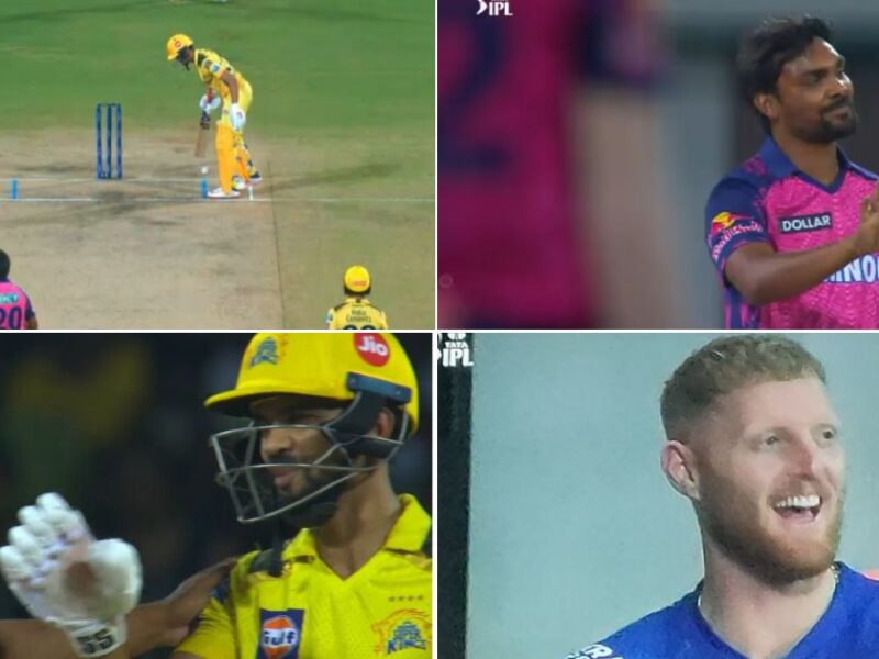 CSK vs RR: Watch - Ben Stokes Can't Stop Laughing As Ruturaj Gaikwad Is Hit By Ball After Pulling Away At Last Minute While Facing Sandeep Sharma