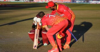Sean Williams and Sikandar Raza console West Indies' Akeal Hosein