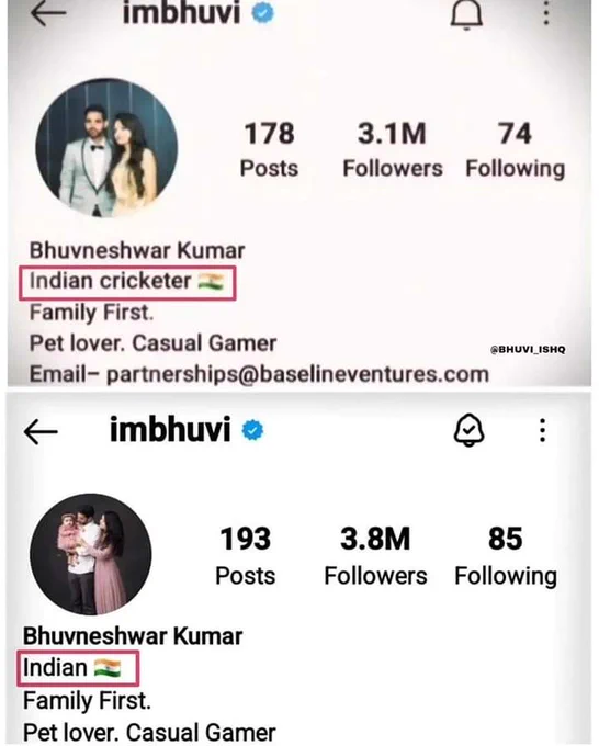 Bhuvneshwar Kumar's Instagram bio 