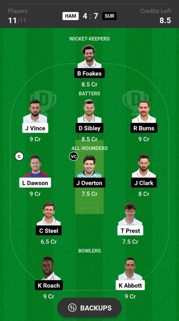 HAM vs SUR Dream11 Prediction Fantasy Cricket Tips Dream11 Team English County Championship