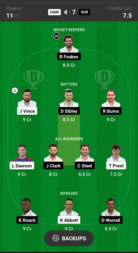 HAM vs SUR Dream11 Prediction Fantasy Cricket Tips Dream11 Team English County Championship