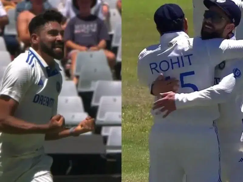 Virat Kohli, Rohit Sharma share a hug after Mohammed Siraj bags wicket