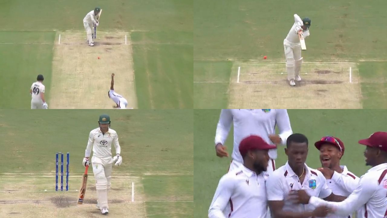 Watch Shamar Joseph knocks over Alex Carey with a sensational 145kph delivery