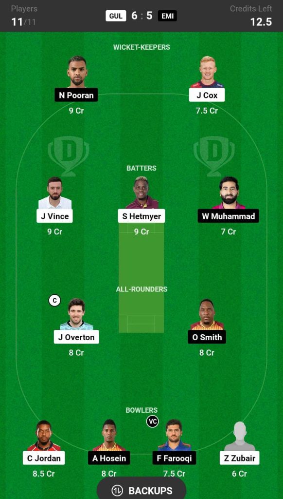 GUL vs EMI Dream11 Prediction Fantasy Cricket Tips Dream11 Team ILT20 